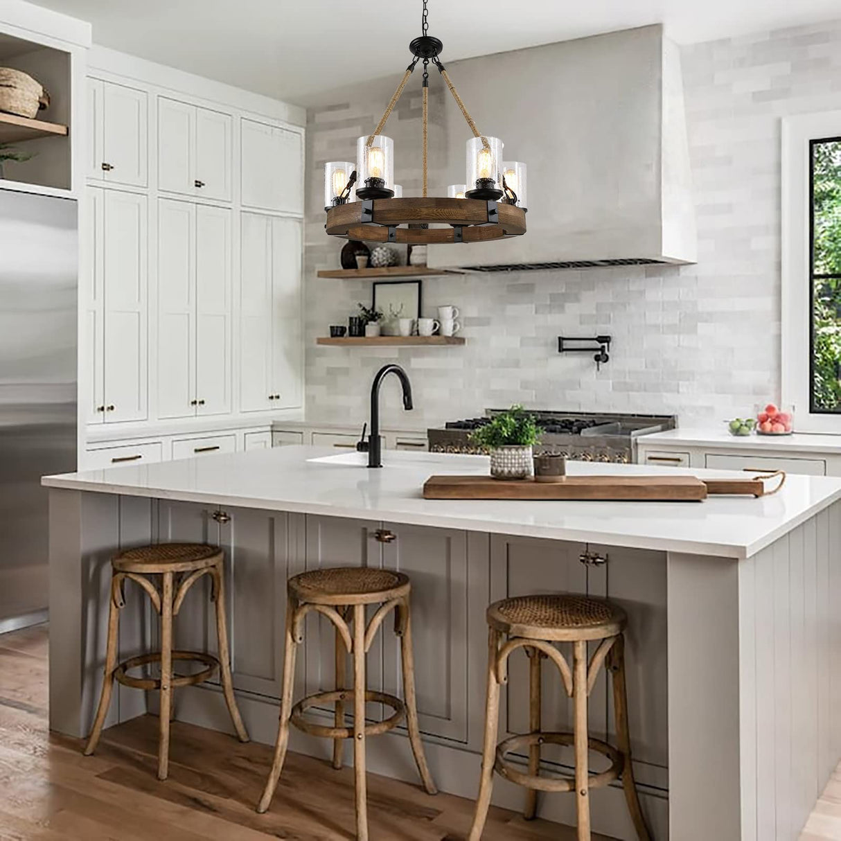 Rustic 6 Light Wagon Wheel Chandelier, Round Wood Pendant Light with Seeded Glass Shade, Farmhouse Chandeliers for Dining Room Kitchen Island Foyer Entryway BAOURE