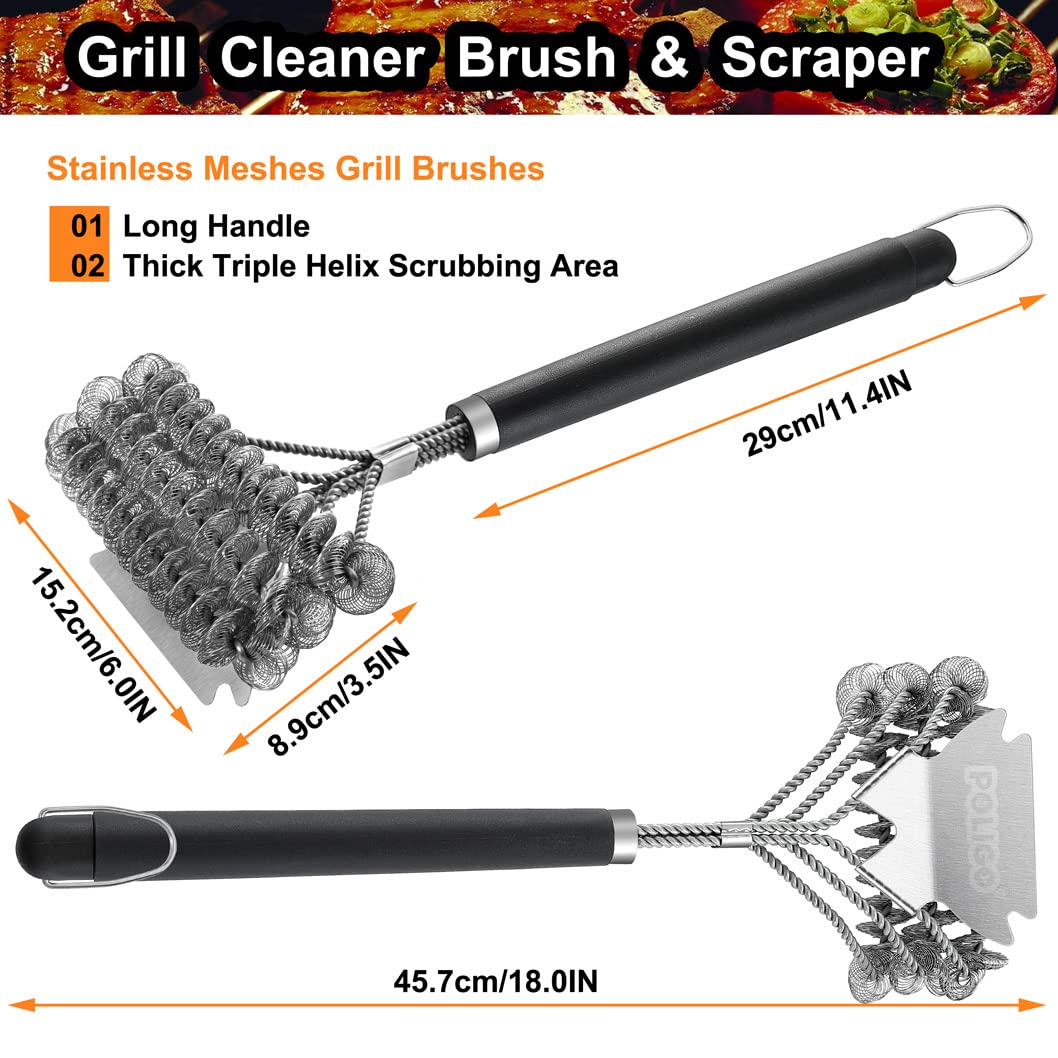 POLIGO BBQ Grill Cleaning Brush Bristle Free & Scraper - Triple Helix Design Barbecue Cleaner - Non-Bristle Grill Brush and Scraper Safe for Gas Charcoal Porcelain Grills - Ideal Grill Tools Gift