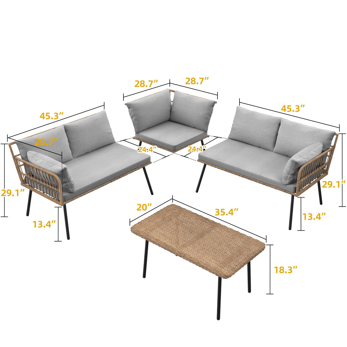 DWVO 4-Piece Outdoor Sectional Sofa Set, All-Weather Wicker L-Shaped 5-Seater Patio Furniture with Removable Cushions & Side Table, Boho Conversation Set for Backyard, Porch, Deck (Grey) DWVO
