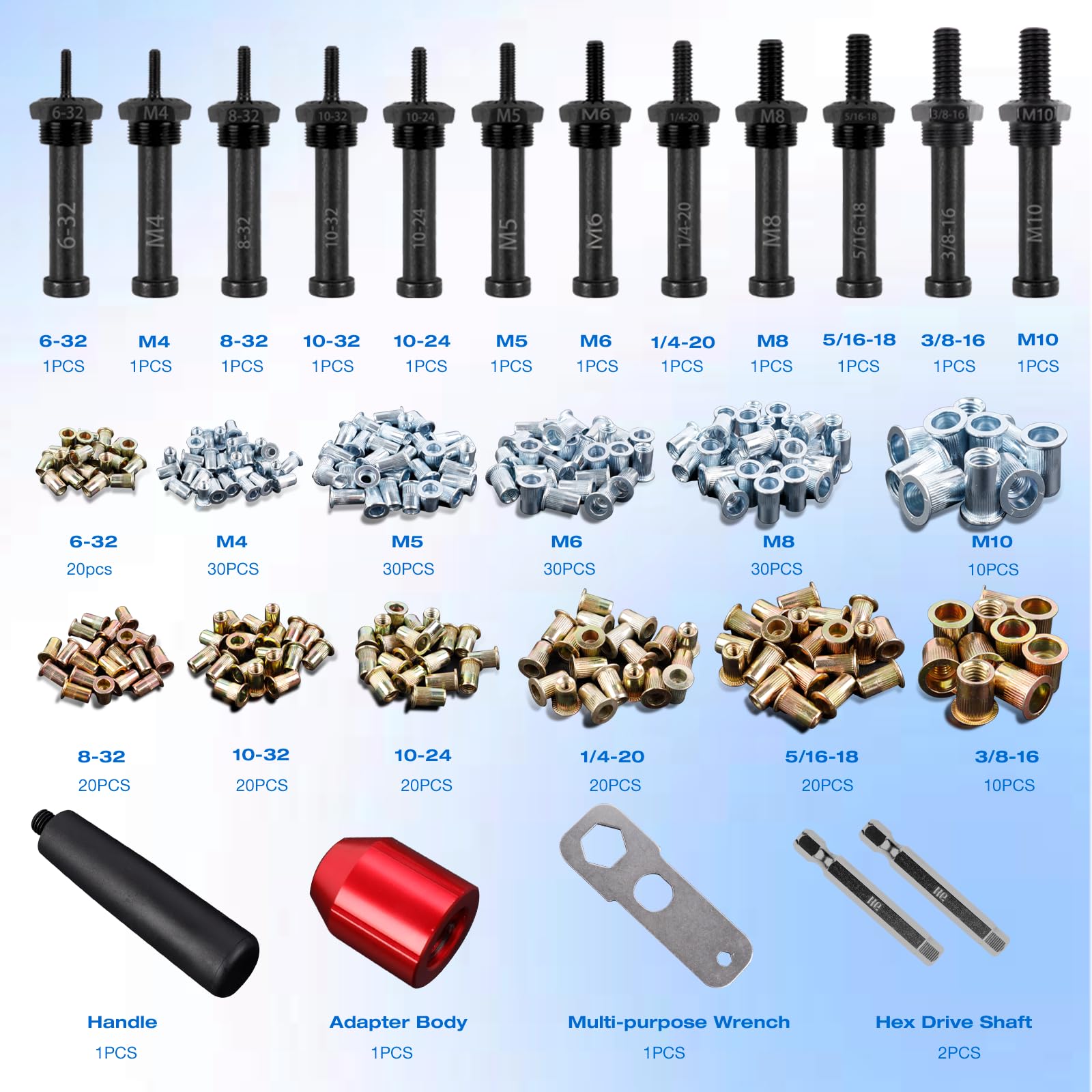 YUZES Rivet Nut Tool Drill Adapter Kit, Labor-Saving Rivet Nut Gun Cordless with 12 Mandrels and 260 PCS Rivet Nuts, Rivnut Tool Kit for Nutsert, Cars, Metalwork, Home Improvement, DIY - 30 S - WoodArtSupply