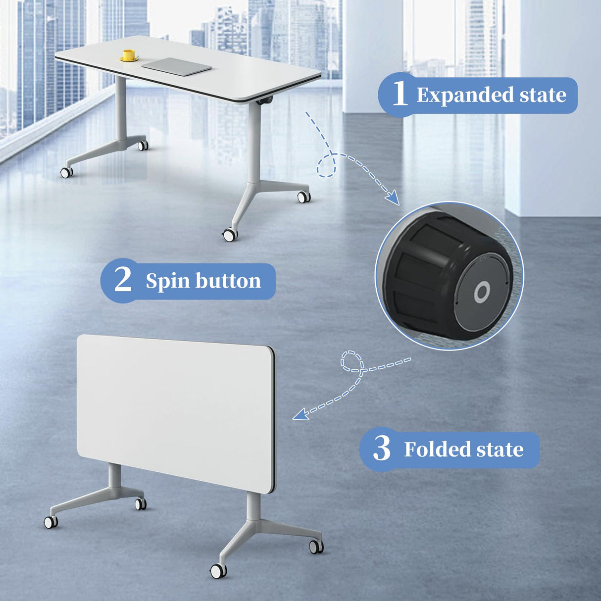 Conference Table,White Modern Office Folding Flip Top Mobile Training Table with Wheels is Convenient and Fast, Suitable for Companies Office, Meeting Room, and Classroom use (6Pcs 61in) Goakwwuz