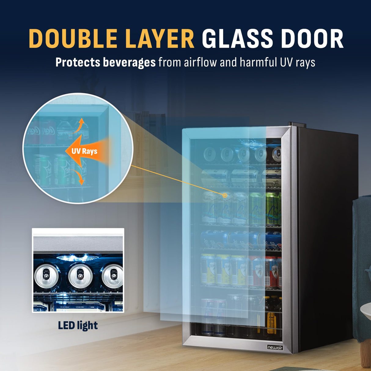 NewAir Mini Refrigerator and Cooler - 177 Mini Cans or 126 Regular Can - Drink Dispenser with Adjustable Shelves and Glass Door - Mini Fridge for Wine, Beer or Soda- Ideal for Dorm, Office, Bar NewAir