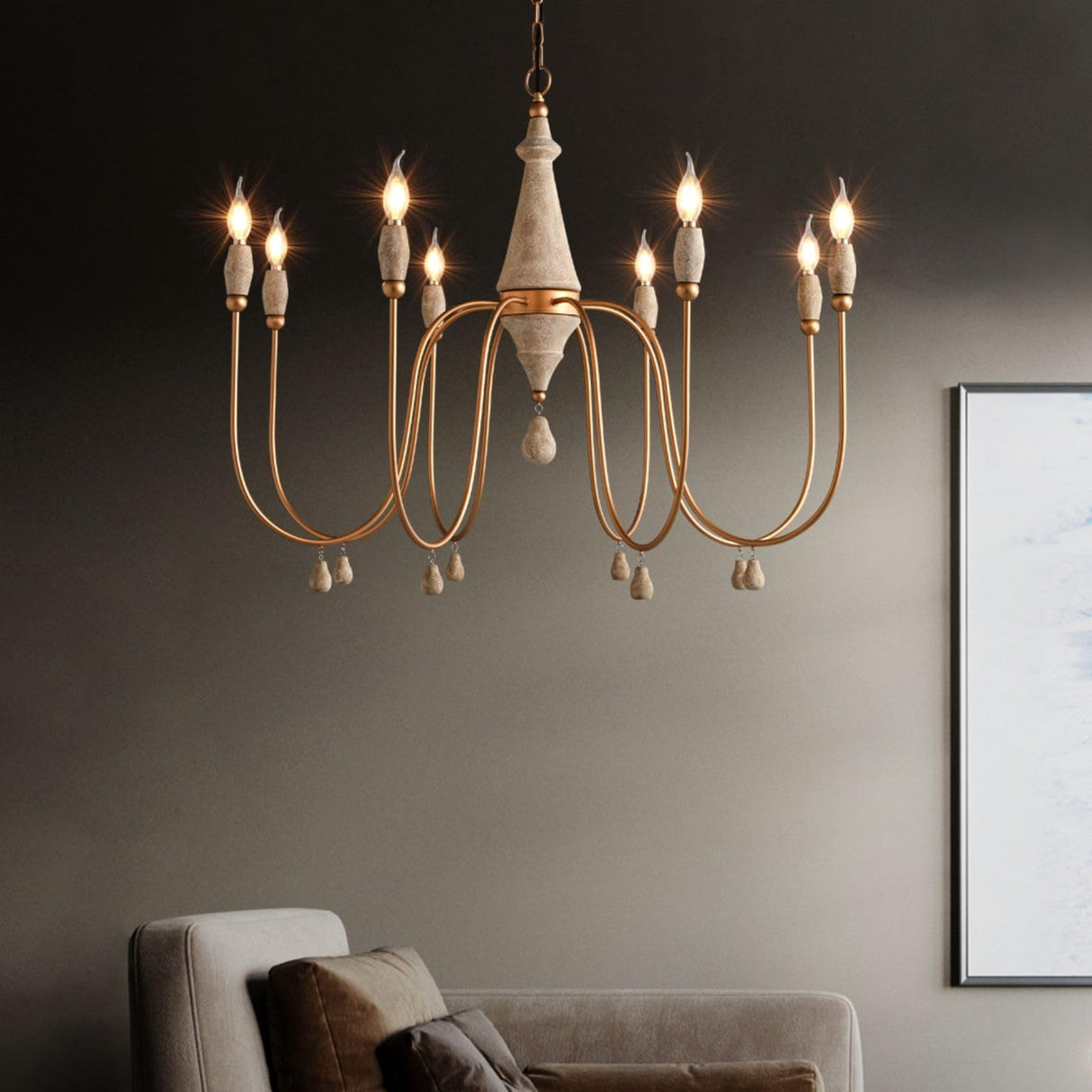 LOVEDIMA 38.2" French Country Chandelier, Modern Farmhouse 8-Light Candle-Style Chandeliers Wood Pendant Light Fixture for Dining Room Living Room LOVEDIMA