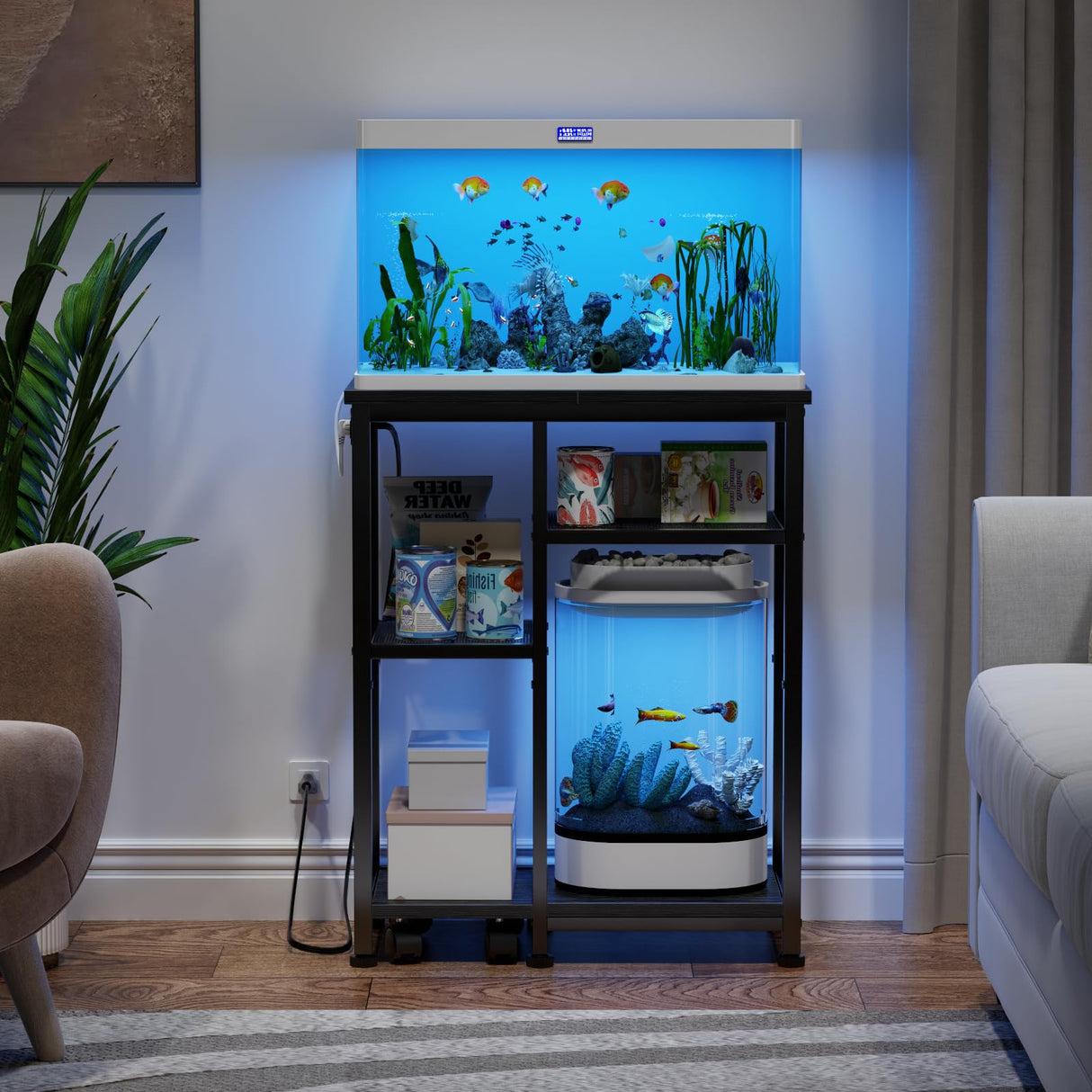 Aquarium Stand with Power Outlet, 3 Tiers Fish Tank Stand with Adjustable Storage Shelves & 4 Wheels for 10, 20 Gallon, 200LBS Capacity Terrarium Stand, Reptile Tank, Black, 24.8" x11.8" x 30.8" Korfile