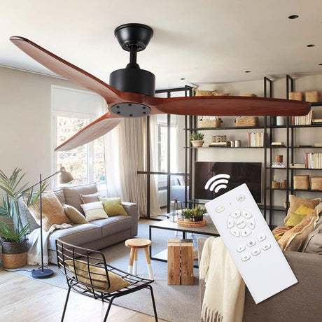Yifi Deco 52'' Wood Ceiling Fan No Light, Indoor Outdoor Ceiling Fan with Remote, Noiseless Reversible DC Motor 3 Blade Walnut Ceiling Fan Without Light for Farmhouse Patio Living Room Bedroom Yifi Deco