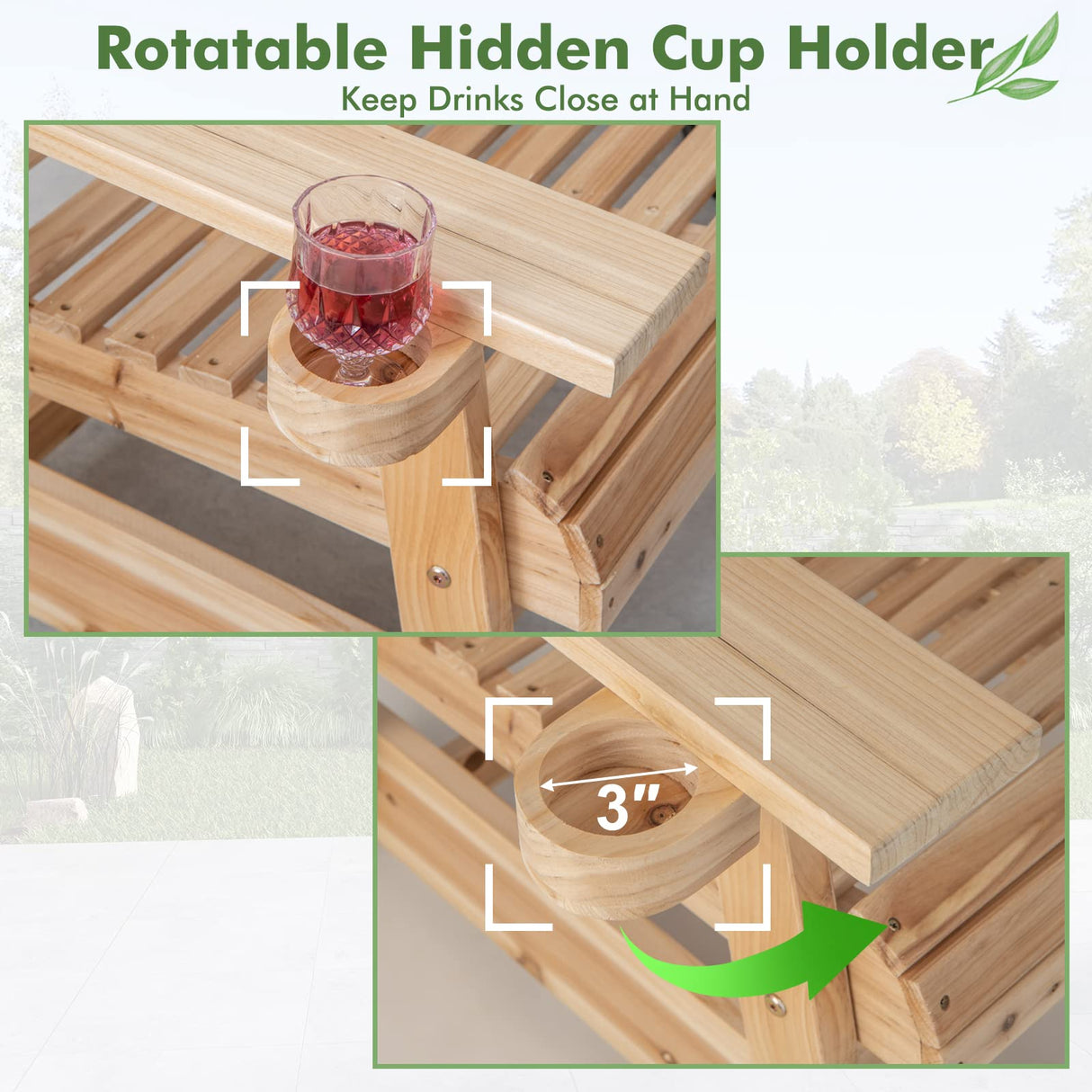 Tangkula Outdoor Fir Wood Glider Chair, Outdoor Swing Chair with Rotatable Hidden Cup Holder and Curved Seat, Glider Swing for Porch, Patio, Backyard, Natural (1, Natural) Tangkula