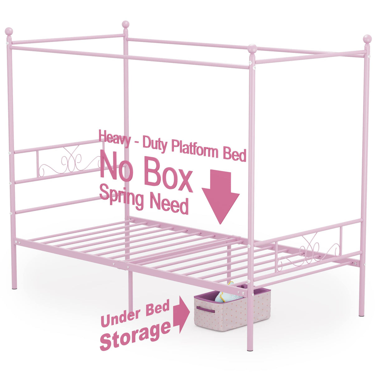 Weehom Twin Canopy Bed Frame with Headboard and Footboard, 4 Posters Metal Bed Frame, No Box Spring Needed, Mattress Foundation Platform Bed for Kids and Adults, Pink Weehom