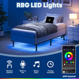 QEROMY Twin Bed Frame for Box Spring, 7 Inch Metal Bed Frame with LED Lights, 9-Legs Support Bed Base, Tool-Free Easy Assembly QEROMY