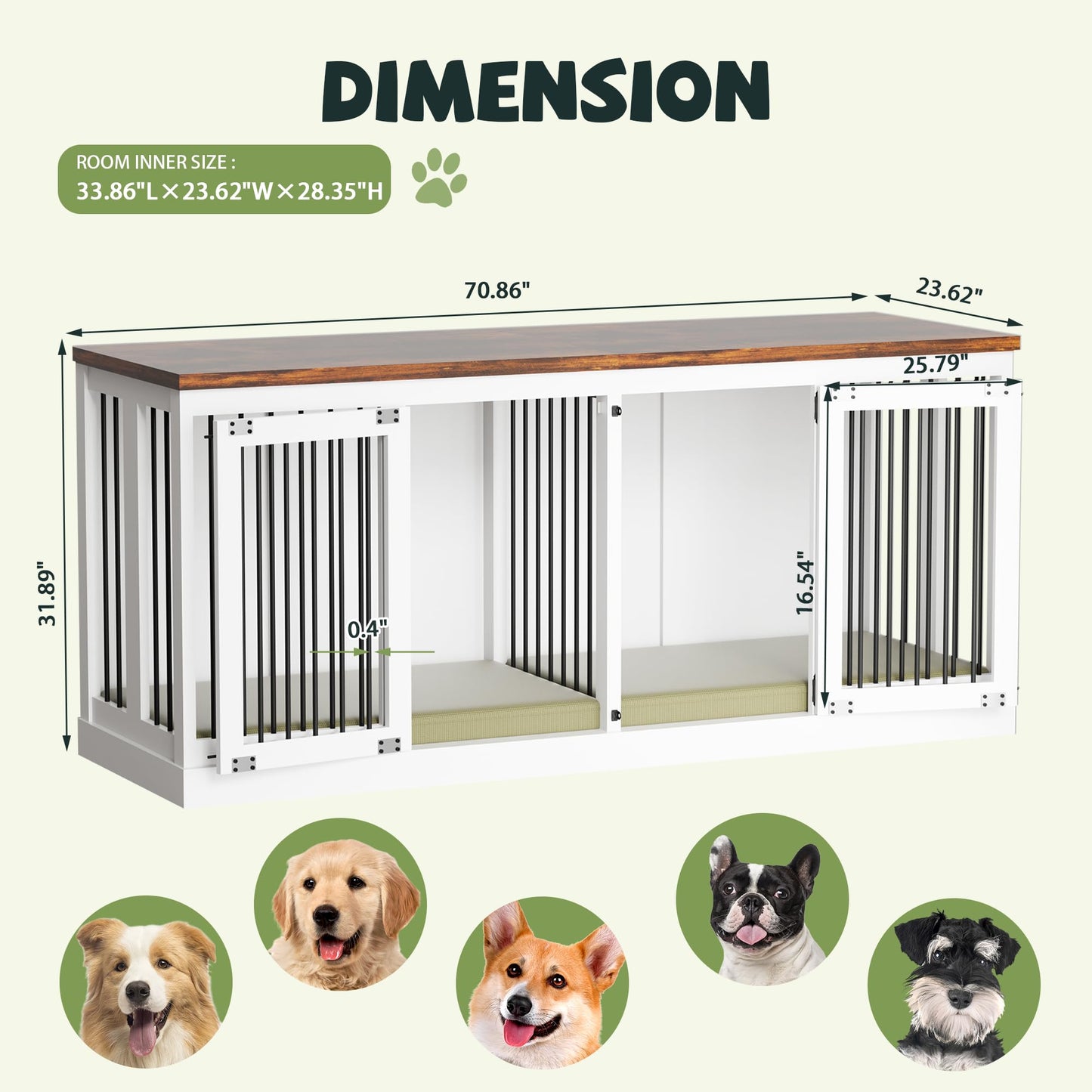 70.9 inch Double Dog Crate Furniture, Furniture Style Dog Crate Table, Wood Crates for Dogs Kennel Indoor with Removable Divider, XXL Heavy Duty Decorative Dog Crate Table for 2 Dogs (White)