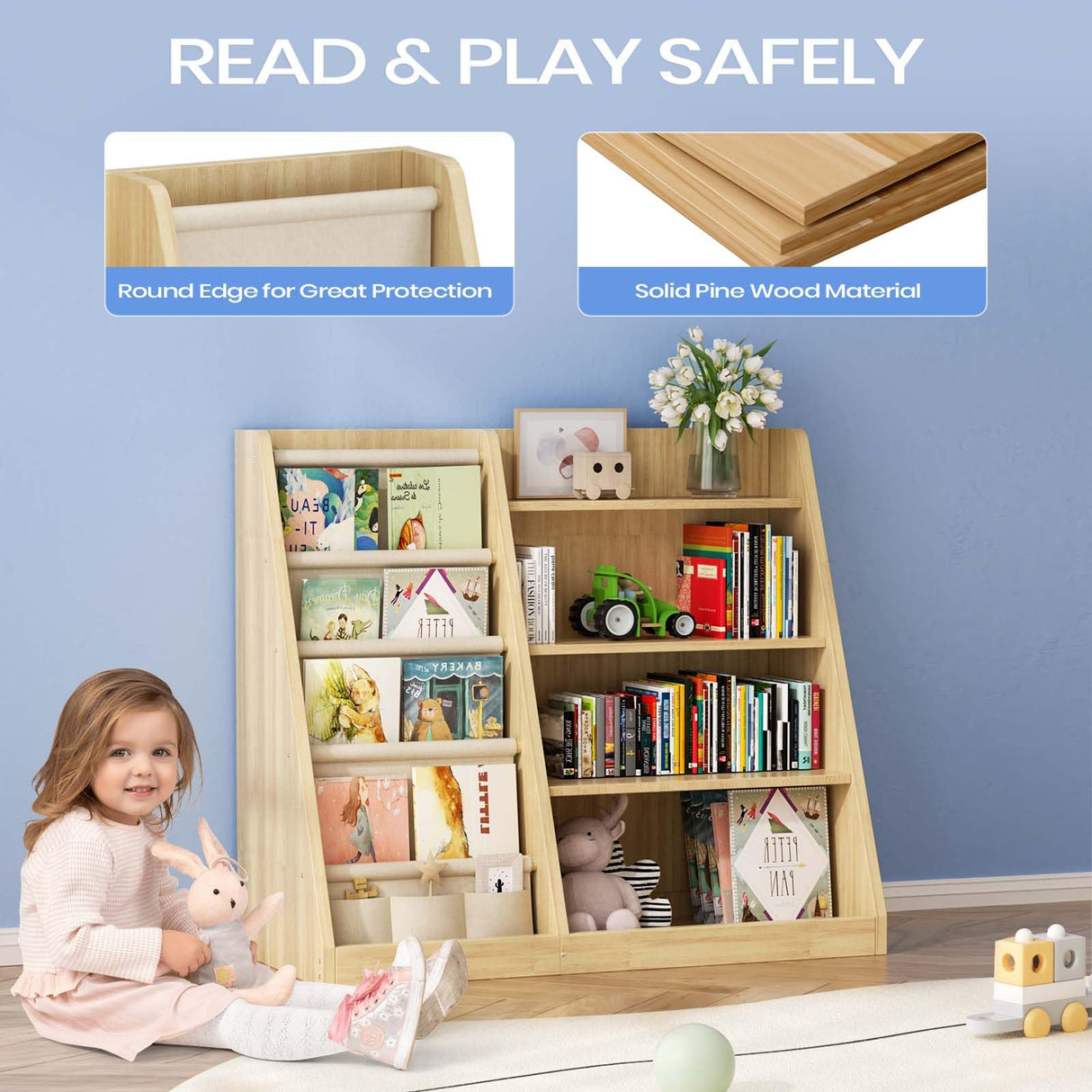 EXPERLAM Kids Bookshelf and Toy Storage Organizer, 4 Tier Wooden Kids Book Shelf with Sling Book Rack in Kids Room Playroom Nursery for Kids, Children, Toddlers EXPERLAM