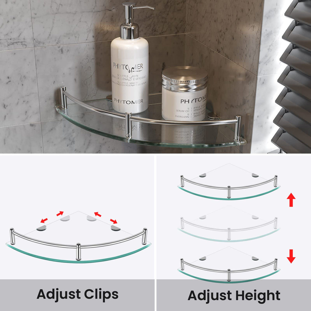 YorkHoMo Glass Corner Shelves Tempered Bathroom Eestantes para Baños with Rail Wall Mounted Drill Hole for Corner Shower Shelf for Inside Shower 2 Pack（Sliver） YorkHoMo