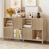 FATORRI 8 Cube Bookshelf with 4 Doors, Modern Mid Century Wood Book Shelf with Storage, Low Horizontal Cubby Bookcase for Home Office (Light Walnut) FATORRI