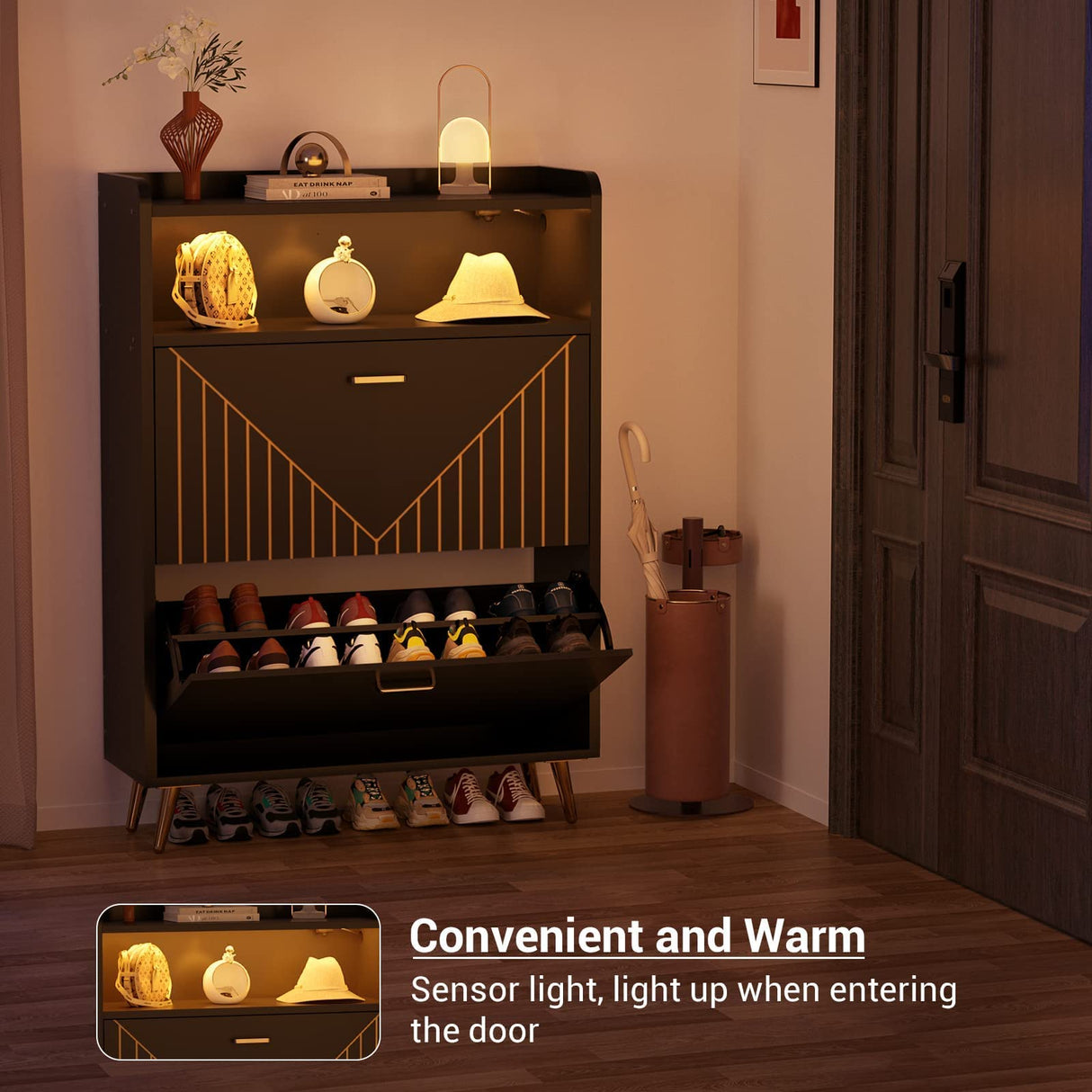 Aheaplus Shoe Cabinet with Flip Doors, Shoes Storage Organizer with Motion Sensor Led Light, Entryway Wood Freestanding Tipping Bucket Shoe Rack with Open Shelves for Closet, Living Room, Black Aheaplus