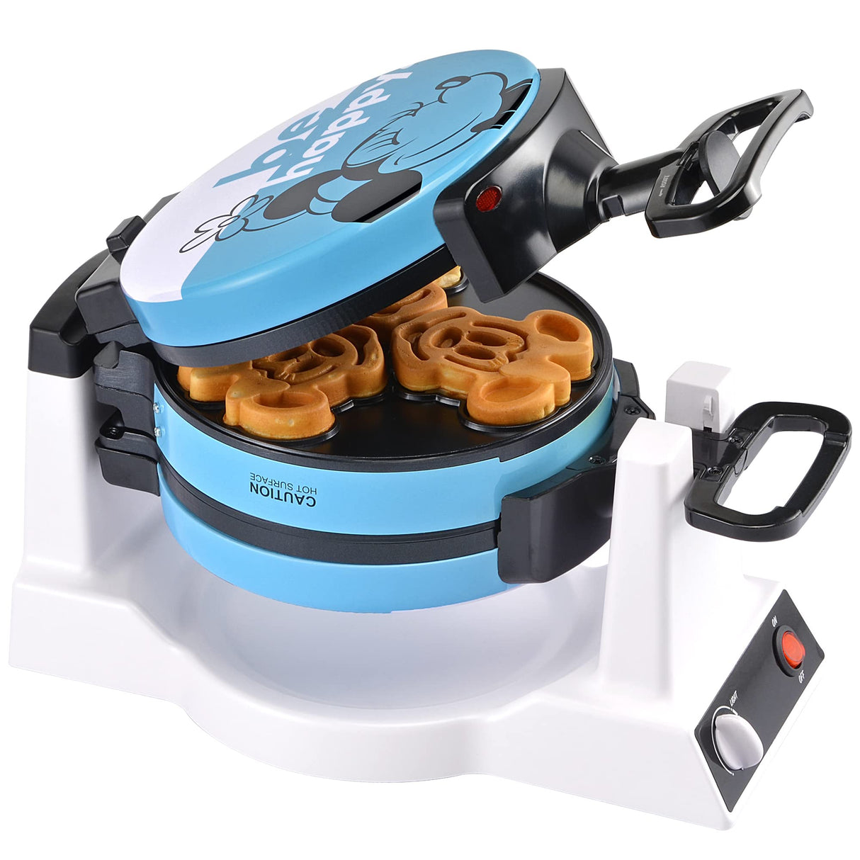 Disney Mickey & Minnie Double Flip Waffle Maker by Select Brands - Disney Waffle Maker - Features Non-Stick Plates - Blue Minnie & Mickey Mouse Waffle Iron for Disney Fans - Makes 6 Waffles Disney