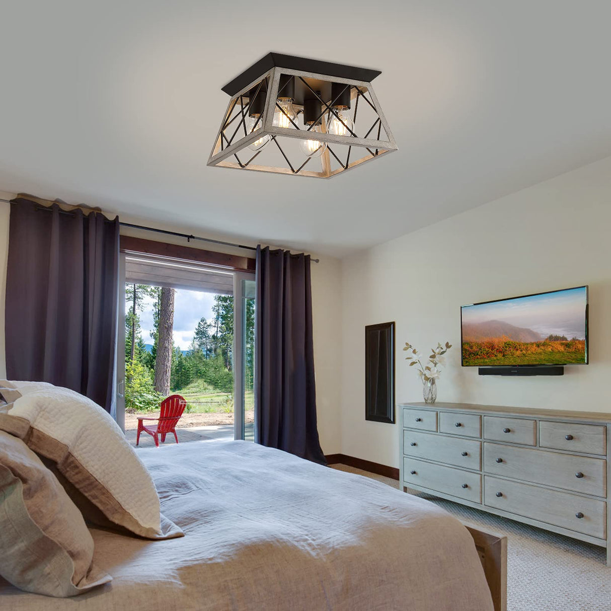 Q&S Farmhouse Ceiling Light Oak Semi Flush Mount Vintage 4-Light Square Rustic Island Light Fixtures for Entryway Hallway Dining Room Living Room Bedroom Q&S