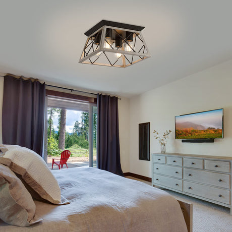 Q&S Farmhouse Ceiling Light Oak Semi Flush Mount Vintage 4-Light Square Rustic Island Light Fixtures for Entryway Hallway Dining Room Living Room Bedroom Q&S