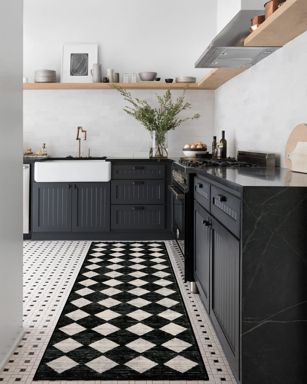 Lahome Moroccan Trellis Runner Rug - 2x8 Black Hallway Runner Rug with Rubber Backing, Checkered Kitchen Non Skid Carpet Runner Washable Indoor Mat for Camper Entryway Bathroom Hardwood Floor Lahome