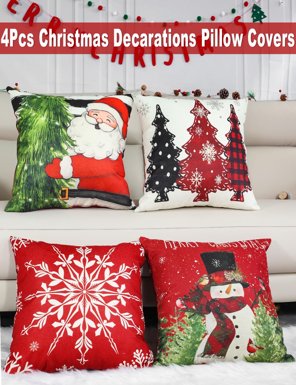 Double-Sided Print Christmas Pillow Covers 18''x18'', Set of 4, 8 Christmas Patterns Christmas Tree, Snowman, Snowflakes, Merry Christmas, Deer, Santa Claus,Truck, Let It Snow, Soft Linen Material TOYPOPOR