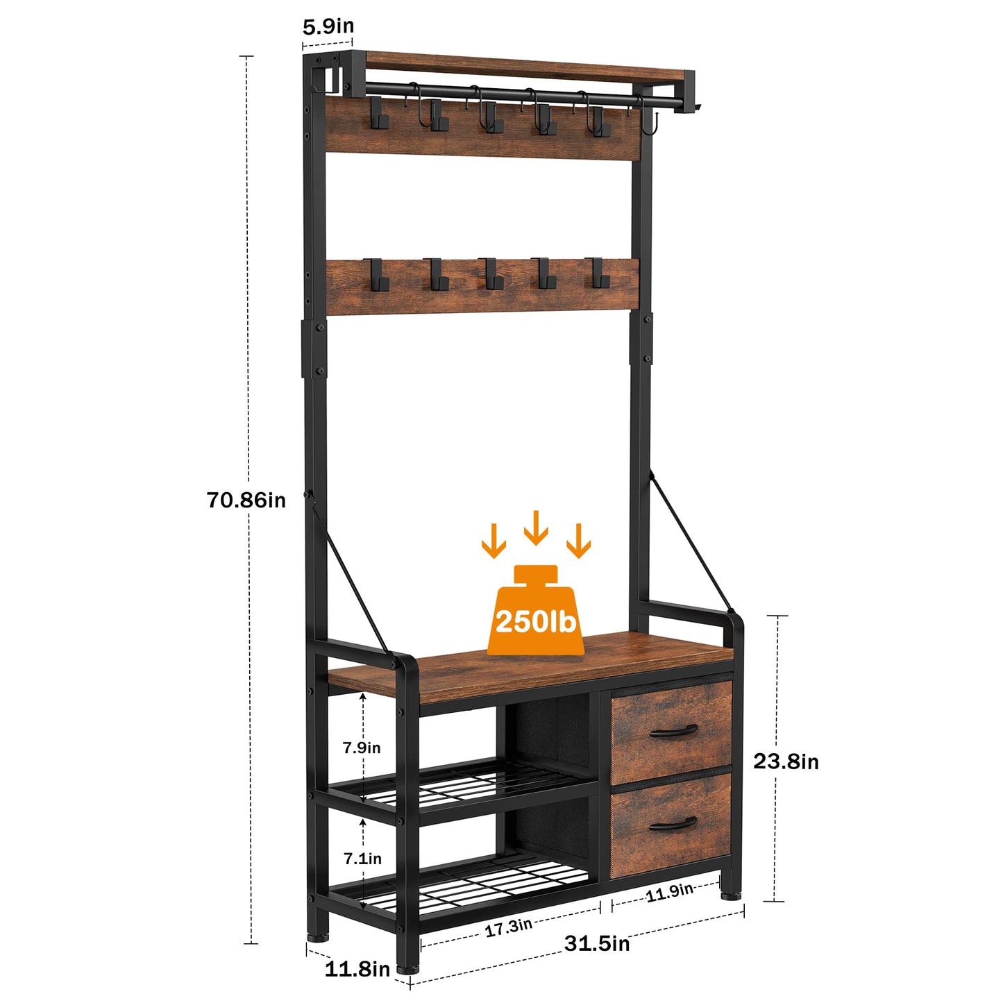 Lulive Hall Tree, 31.5” Entryway Bench with Coat Rack freestanding, 5 in 1 Intelligent Design Shoe Bench and Wall Rack 17 Hooks and Drawers (Rustic Brown) - WoodArtSupply