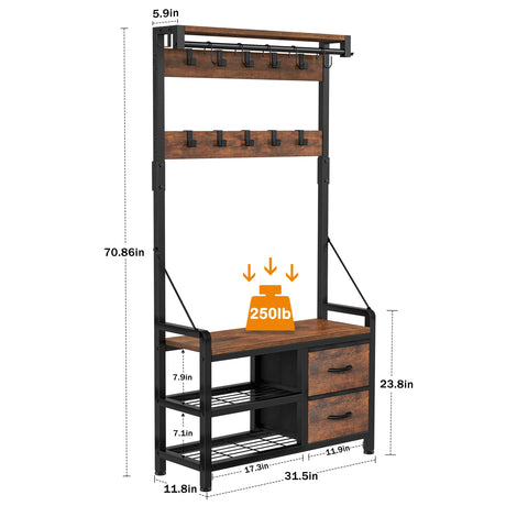 Lulive Hall Tree, 31.5” Entryway Bench with Coat Rack freestanding, 5 in 1 Intelligent Design Shoe Bench and Wall Rack 17 Hooks and Drawers (Rustic Brown) Lulive