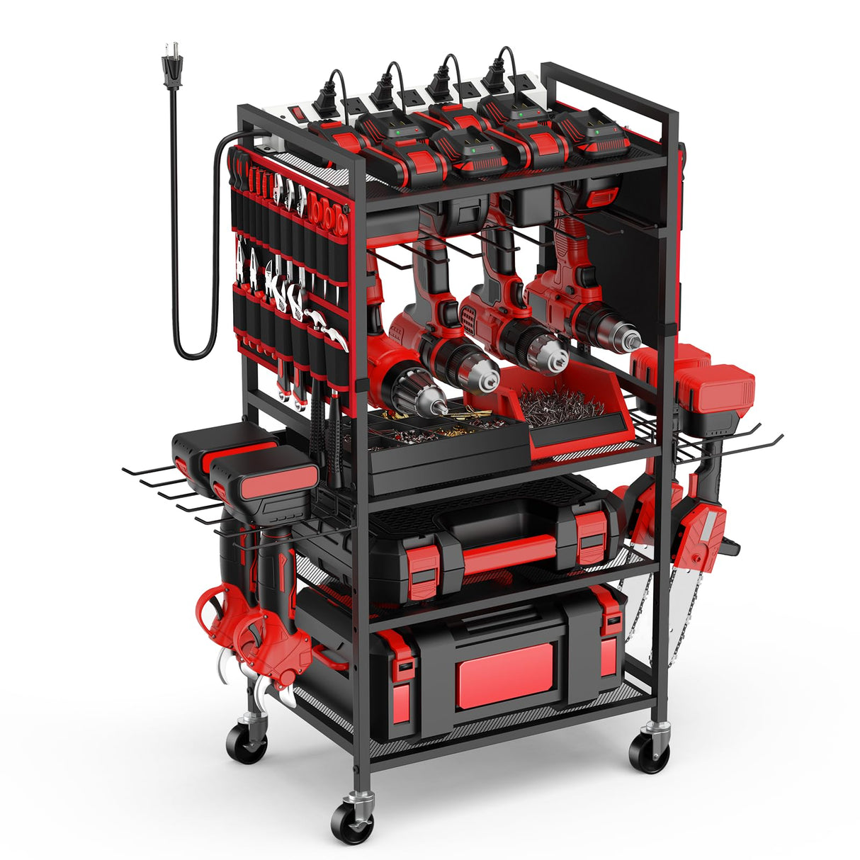 JUNNUJ Garage Large Power Tool Organizer Cart with 20A Power Strip, Heavy Duty Drill and Tools Battery Holder Storage Rack with Charing Station, Floor Standing Rolling Tool Cart Shelf on Wheels JUNNUJ