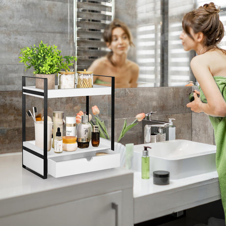 Ukonvi 2-Tier Bathroom Organizer Countertop with Drawer, Wood Counter Shelf for Storage, Vanity Tray for Bathroom Organization and Decor, Countertop Organizer for Kitchen, Office (White) Ukonvi