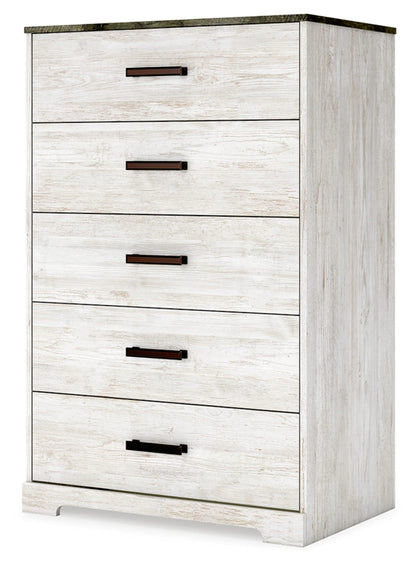 Signature Design by Ashley Shawburn Rustic 5 Drawer Chest of Smooth-Gliding Drawers and Safety Stop, White & Gray - WoodArtSupply