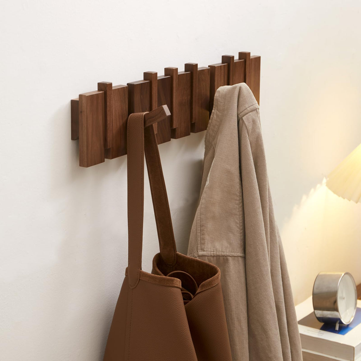 QUELLANCE Wood Coat Rack Wall Mount, Coat Hooks Hanger Wall Mounted, Heavy Duty Wall Coat Rack with 6 Hooks for Hanging Coats/Keys/Hats/Robe&Towels/Plants/Bags, Walnut QUELLANCE