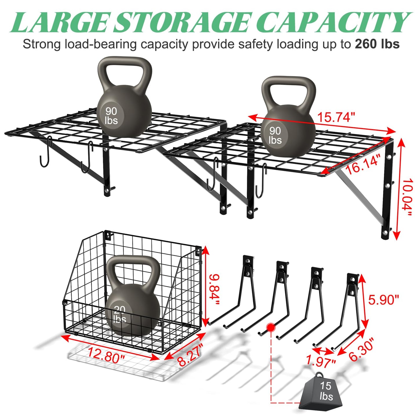 2 Pack Garage Tool Organizer Shelves Wall Mount with Wire basket, Heavy Duty Garage Wall Shelving with 4 Wall Hangers, Wire Shelf Basket Tool Organizer for Garage Garden Yard Organization and Storage