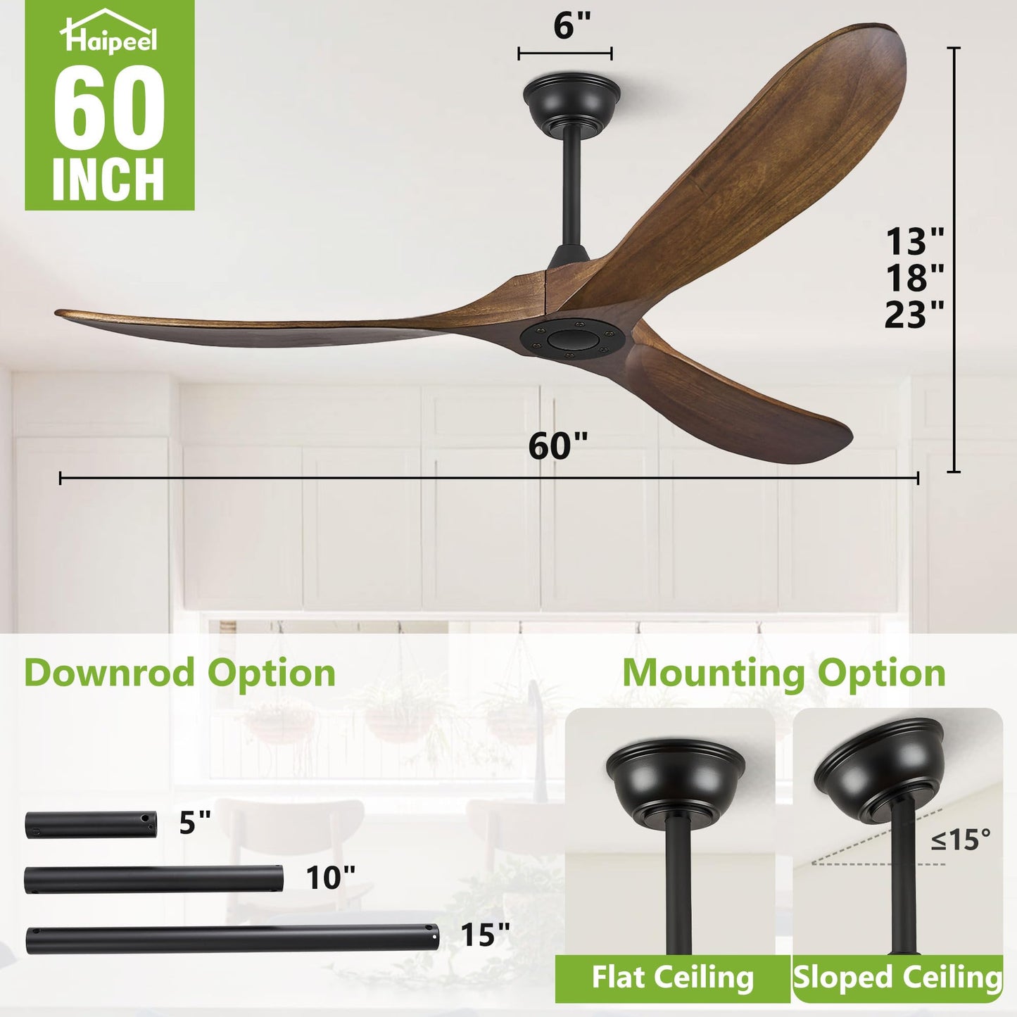 Haipeel 60" Wood Ceiling Fan no Light, 60 Inch Ceiling Fans without Lights with Remote Control, Indoor Outdoor Ceiling Fan no Light for Bedroom Porch Modern Propeller 3 Blade ETL DC Motor, Dark Walnut