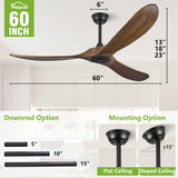 Haipeel 60" Wood Ceiling Fan no Light, 60 Inch Ceiling Fans without Lights with Remote Control, Indoor Outdoor Ceiling Fan no Light for Bedroom Porch Modern Propeller 3 Blade ETL DC Motor, Dark Walnut Haipeel