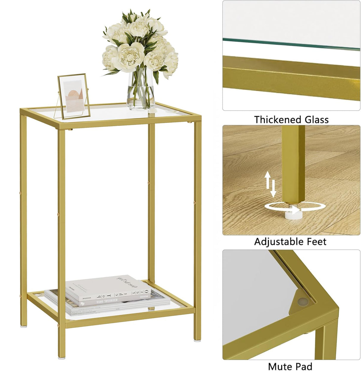 HOMSHO Side Tables Set of 2, End Tables with Tempered Glass, 2-Tier Nightstands with Storage Shelves, Coffee Table with Modern Style, Slim Sofa Table for Living Room, Bedroom, 11.8" D x 15" W, Golden HOMSHO