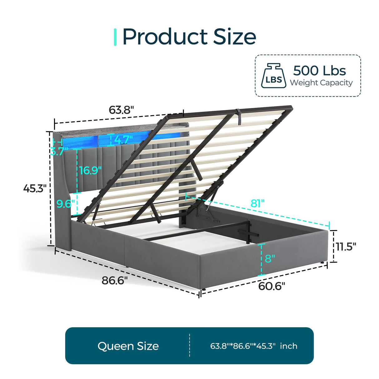 LINSY Queen Bed Frame, Lift Up Storage Bed, Velvet Upholstered Bed with Storage Headboard and Charging Station & LED Lights, Hydraulic Storage, Strong Wooden Slats Support, Noise Free, Dark Grey LINSY