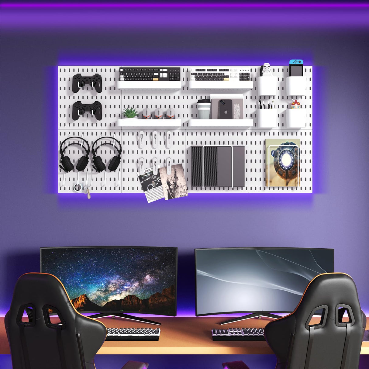 VEOFEMLEA Pegboard Combination Kit, 8 Peg Boards and 30 Accessories Modular Hanging Black Pegboard for Walls, Office Wall Organizer, Keys Holder on Wall, Nursery Storage, 44"x22" Black VEOFEMLEA