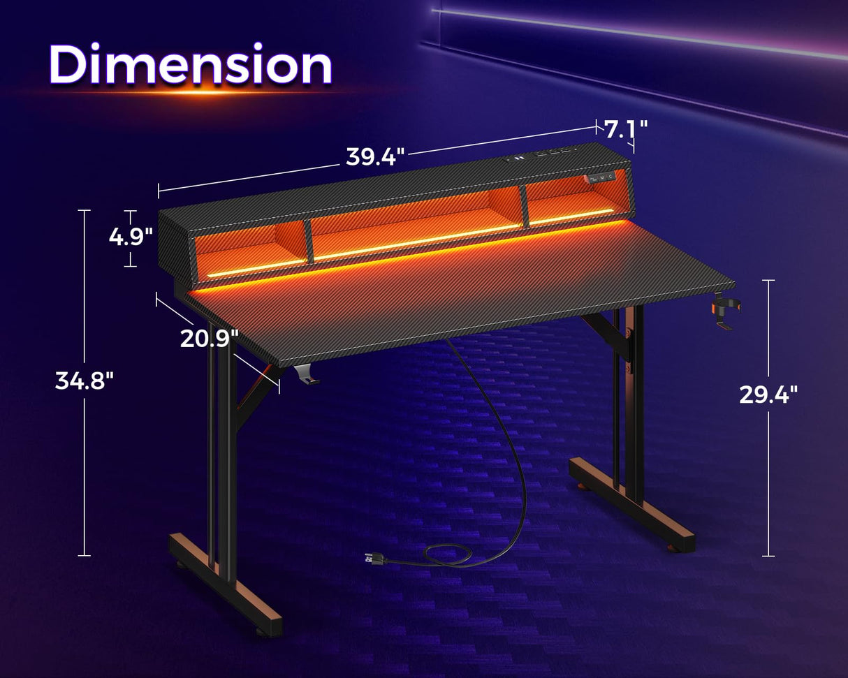 MOTPK 40 inch Gaming Desk with LED Lights & Power Outlets, Small Computer Gaming Table with Float Monitor Stand, Kids Boys Desk with Carbon Fiber Texture MOTPK