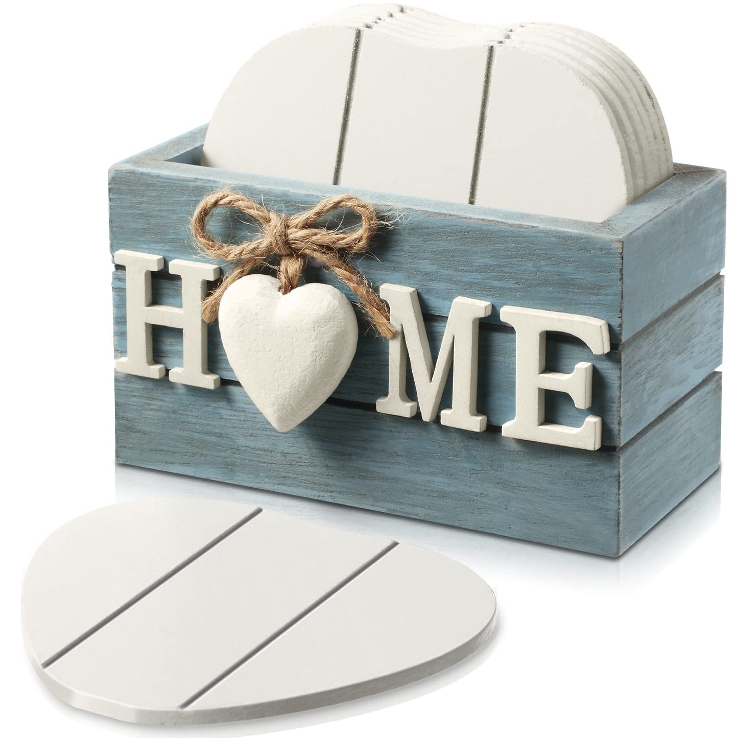 Coasters for Drinks, Wooden Heart Coasters Set of 6 Farmhouse Coasters with Holder Funny Coasters for Coffee Table Protection Housewarming Gifts for New Home Decoration, 4 Inch (Home, Blue) - WoodArtSupply