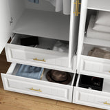 MOUMON 4 Door Wardrobe Closet with 4 Drawers & Shelves, Armoire Wardrobe Closet with Hanging Rod, Top Cube Storage, Closet for Bedroom White and Gold (63”W x 20.6”D x 93.9”H) MOUMON