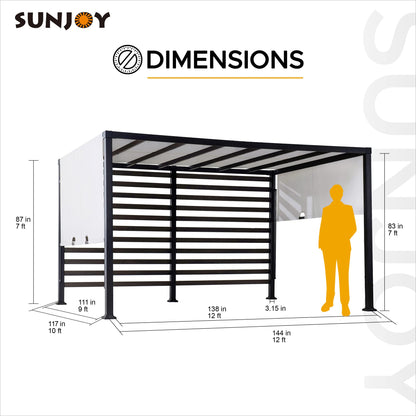 Sunjoy Outdoor Pergola 10 x 12 ft. Steel Pergolas with White Adjustable Shade and Privacy Screen for Backyard, Garden Activities - WoodArtSupply