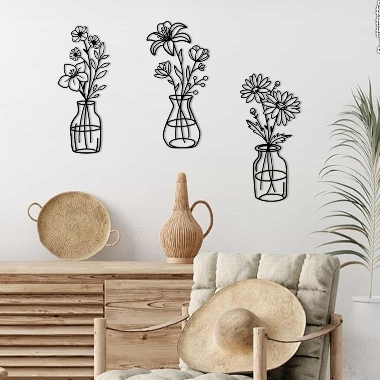 OYEFLY 3 Pieces Metal Flowers Wall Arts,Black Metal Vase Wall Art,Rustic Farmhouse Decor (Black) OYEFLY