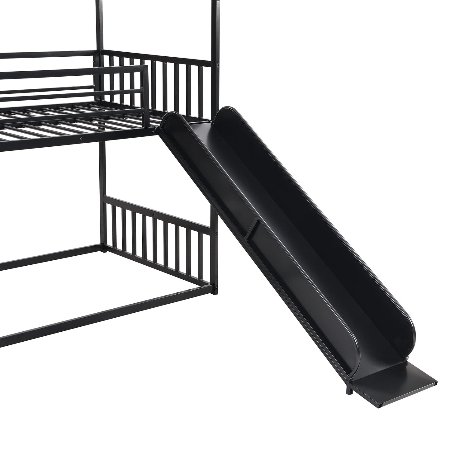 Harper & Bright Designs Twin over Twin Metal Bunk Bed with Slide and Stairs, Low Bunk House Bed for Kids, Floor Bunk Bed, Modern Style Heavy-Duty Steel Frame (Black)