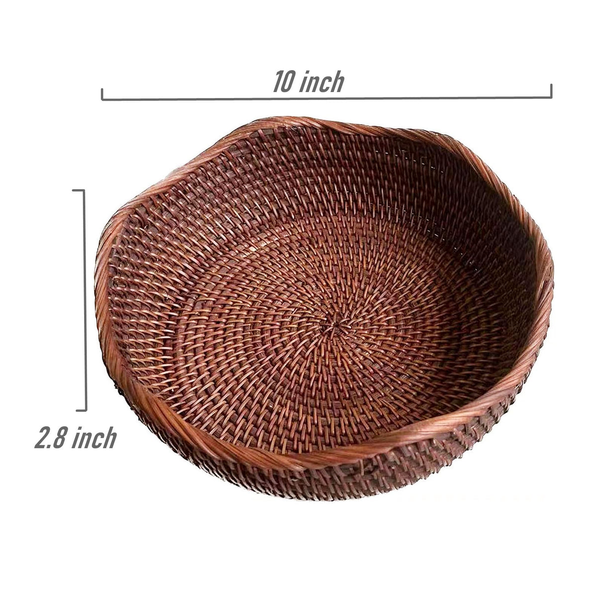 AMOLOLO Handmade Rattan Round Fruit Basket Food Storage Bowls Kitchen Organizer Snack Serving Bowl 10 Inch Wavy Edge Circle Tray Basket with 3” Deep Wall, Dark Brown Décor Display Tray Bowl, M amololo
