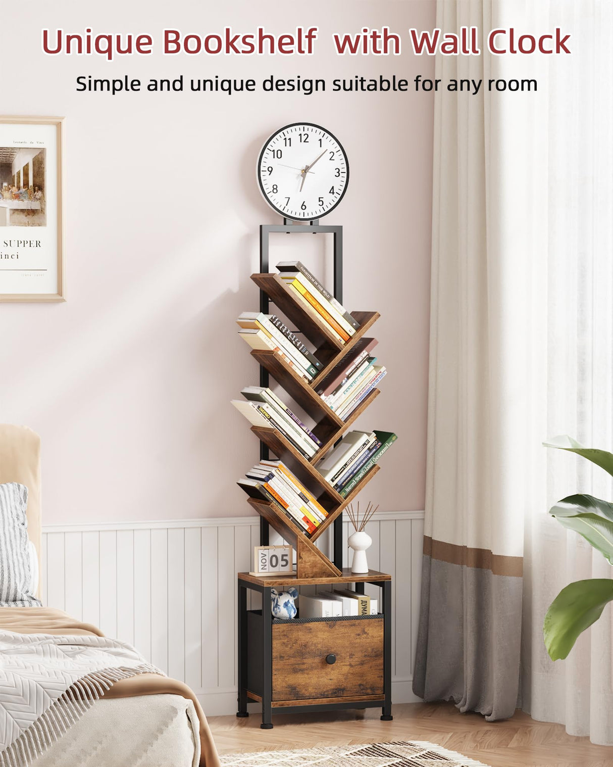 HIGDBFE 6 Tier Tree Bookshelf with Clock and Fabric Drawer, Small Narrow Bookcase, Tall Floor Standing Book Shelf for Bedroom, Living Room, Home Office, Rustic Brown HIGDBFE