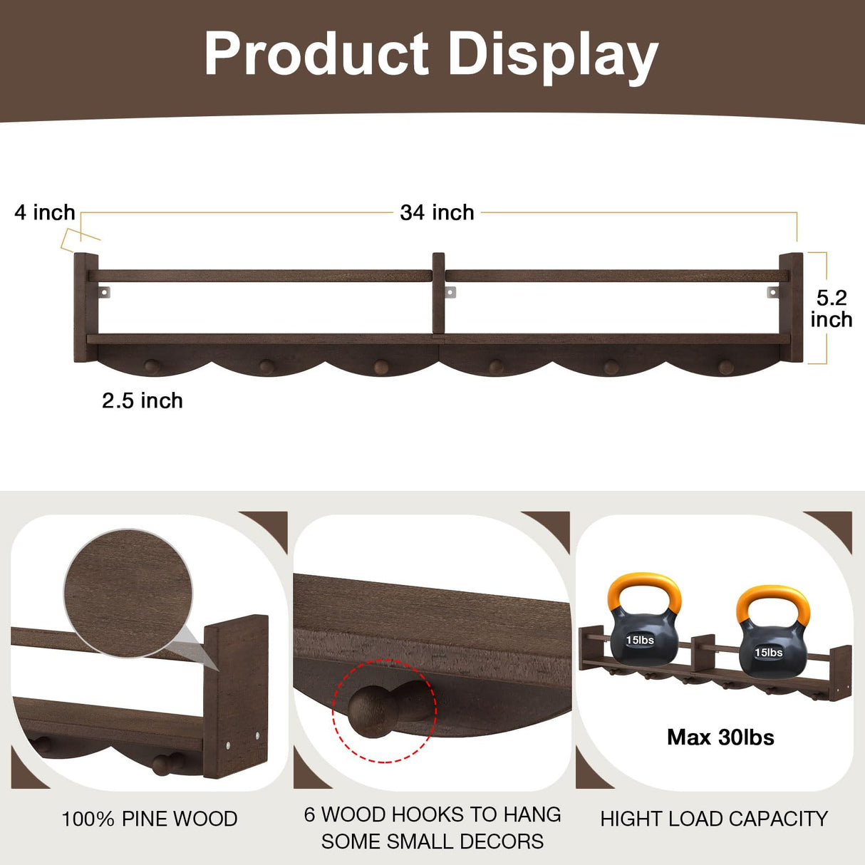 ECOOCE 34Inch Nursery Bookshelves,Set of 4,Wall Floating Shelf Kids Coat Rack with 6Hooks,Hanging Book Shelf for Baby Nursery Room Décor (Dark Brown, 34) ECOOCE