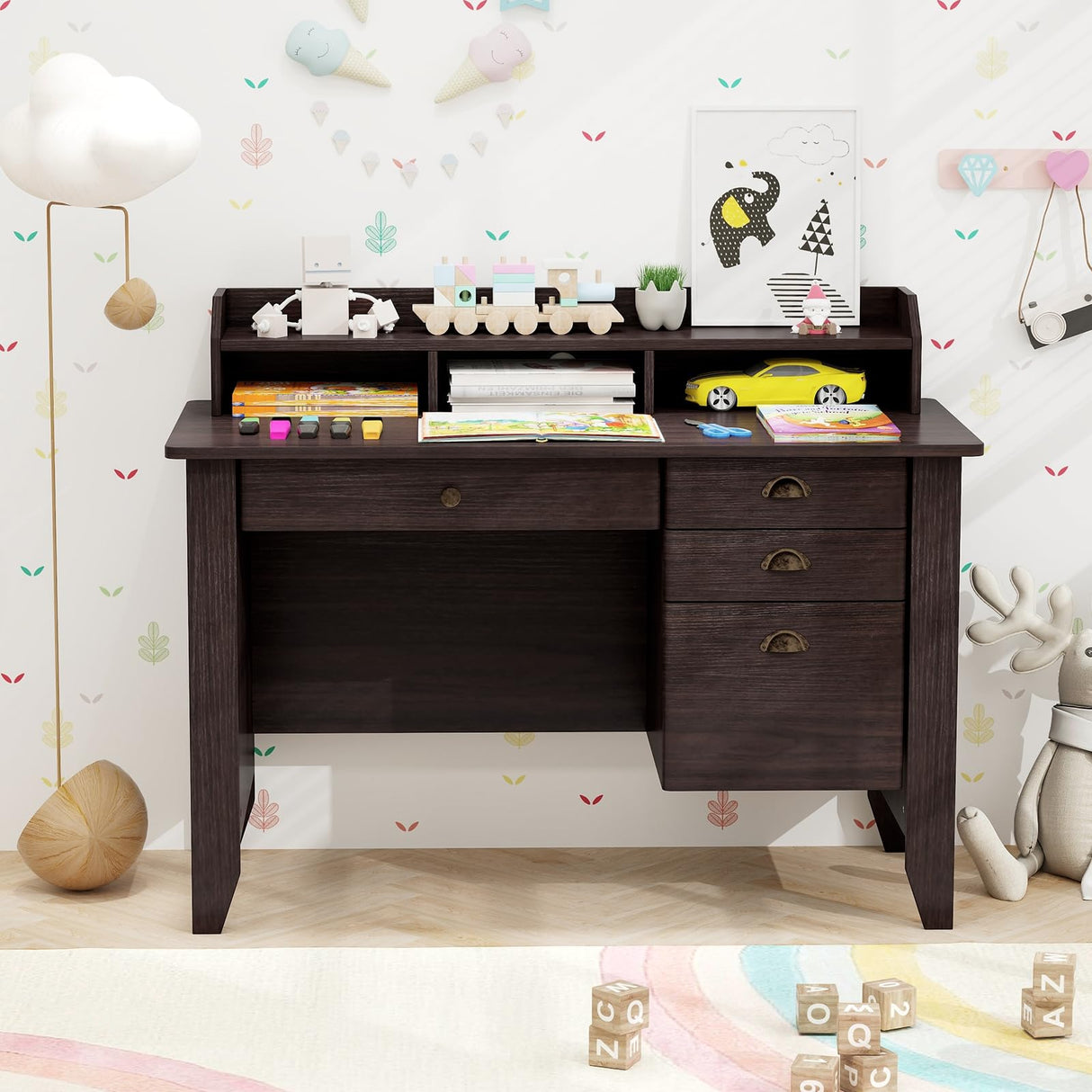 Safeplus 48" Computer Desk with 4 Storage Drawers and Hutch Wood Executive Table for PC Laptop Safeplus