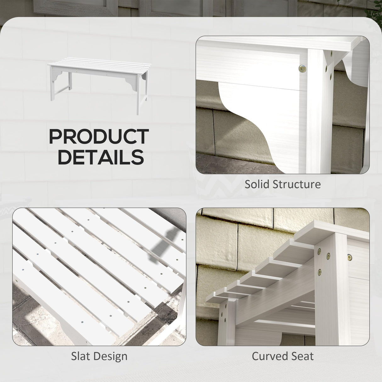 Outsunny Wooden Garden Bench, Outdoor Park Bench with Slatted Seat, Backless Front Porch Bench with Curved Seat for Conservatory, Garden, Poolside, Deck, White Outsunny