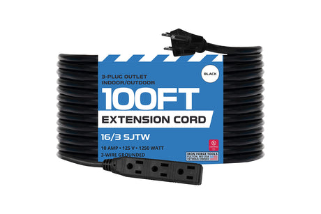 Iron Forge Cable 3 Outlet Power Strip Outdoor Extension Cord 100 ft, 16/3 Heavy Duty Black Extension Cord with Multiple Outlets 3 Prong, Weatherproof Outdoor & Indoor Power Cable - US Veteran Owned IRON FORGE CABLE