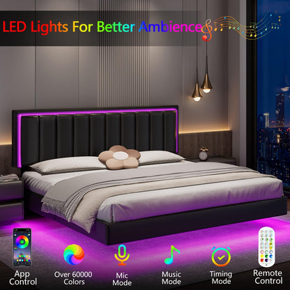 Immerstable King Floating Bed Frame with RGB LED Lights and Upholstered Headboard - WoodArtSupply