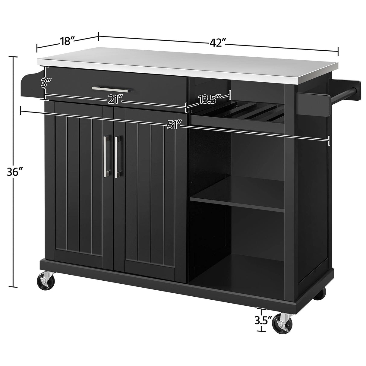 Yaheetech Kitchen Cart with Stainless Steel Top and Storage Cabinet, Kitchen Island on Wheels with Drawer & Open Shelves & Wine Rack & Spice Rack, 18" D x 51" W x 36" H, Black Yaheetech