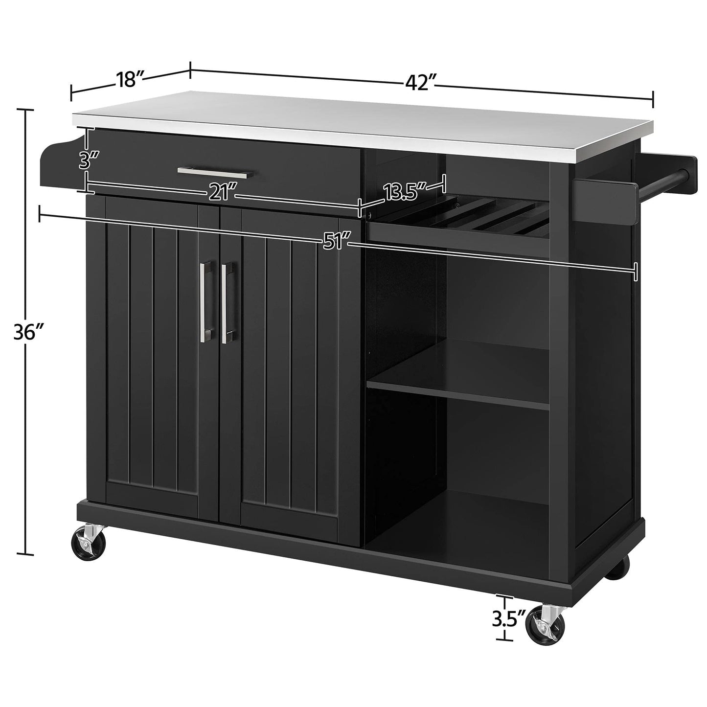 Yaheetech Kitchen Cart with Stainless Steel Top and Storage Cabinet, Kitchen Island on Wheels with Drawer & Open Shelves & Wine Rack & Spice Rack, 18" D x 51" W x 36" H, Black