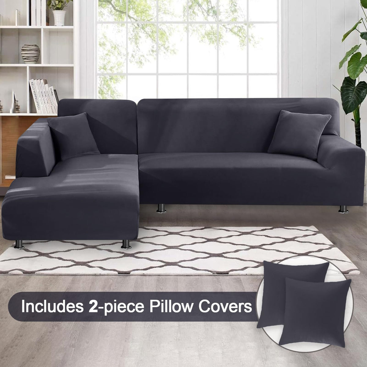 LA MEACK Sectional Couch Covers 2-Piece Softness L Shaped Sofa Cover Super Stretch L-Type Couch Slipcover with 2Pcs Pillowcases Sofa Slipcover 3 Seater + 3 Seater Furniture Protector (Dark Grey) LA MEACK
